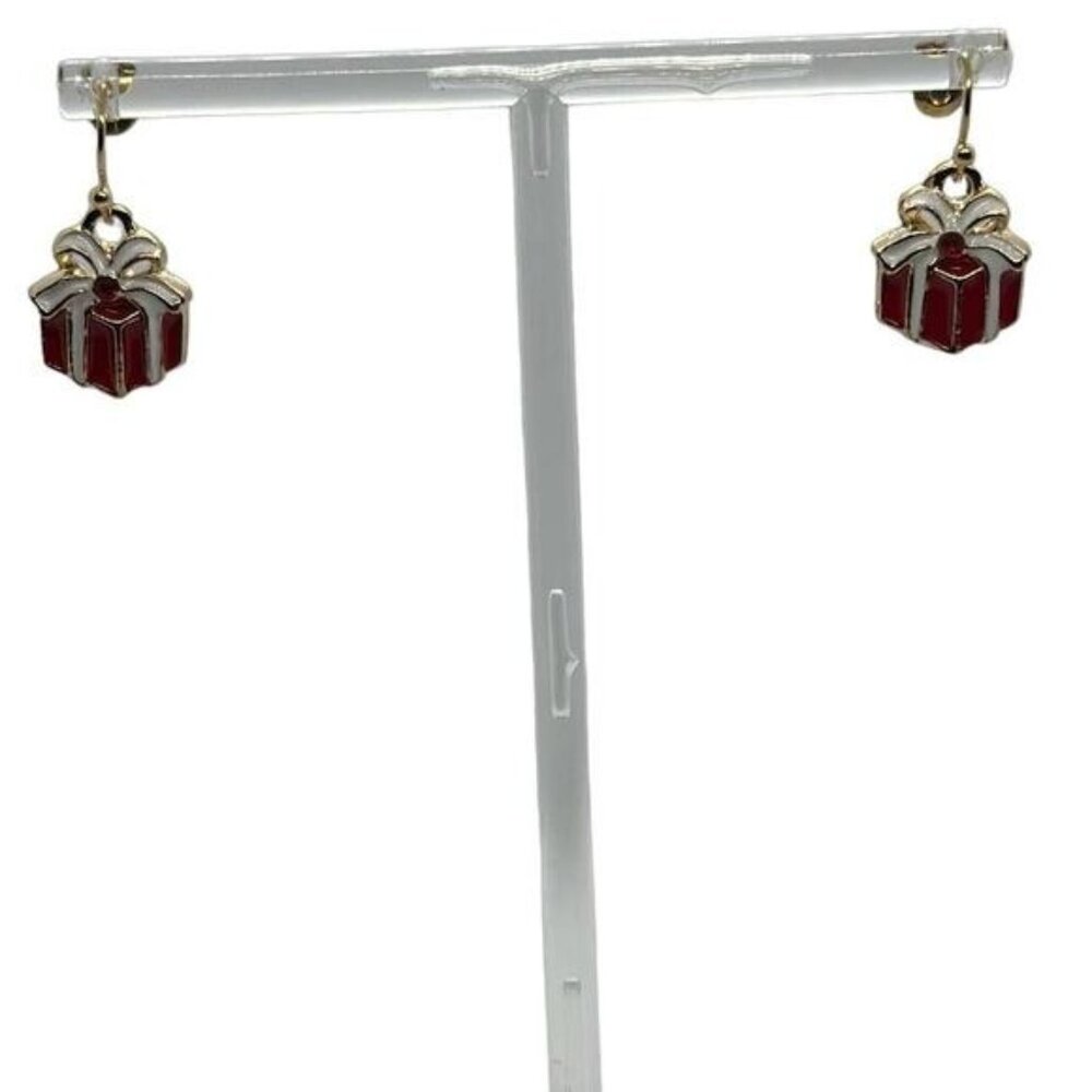 Vintage Red & Gold Gift Box Dangle Earrings With White Bow